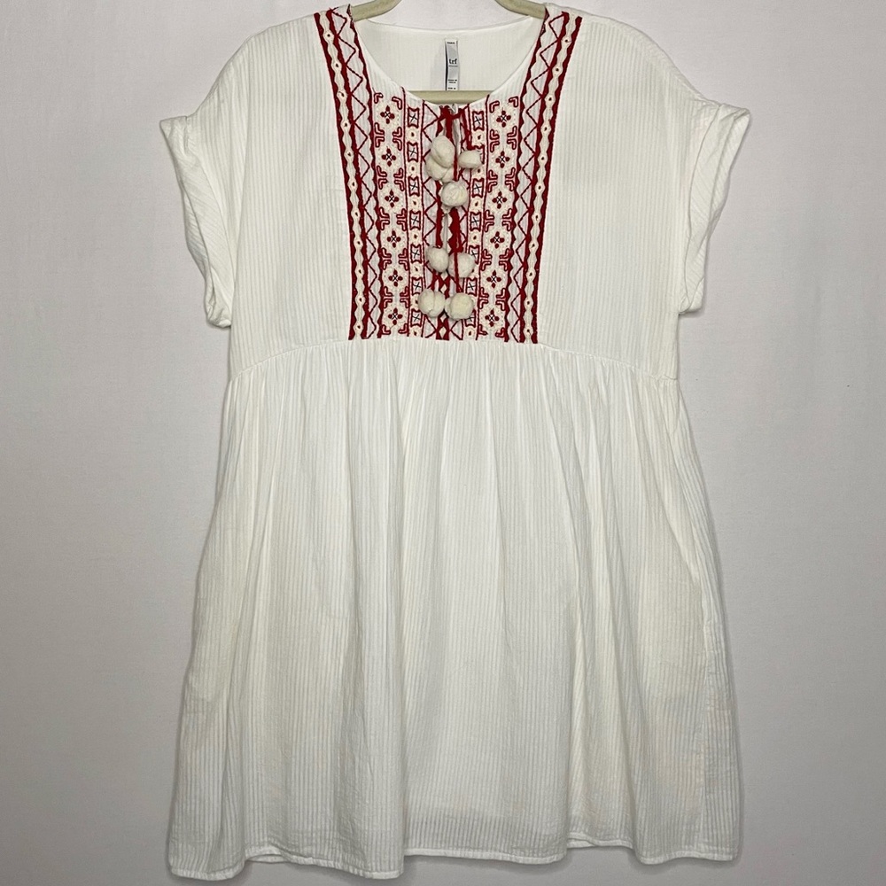 Zara Trafaluc Boho Embroidered Pom Pom Babydoll Mini Dress